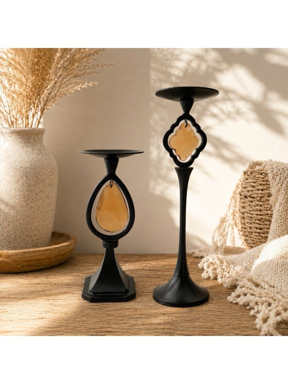 Vintage Amber Colored Hanging Glass Metal Candle Holders Set of 2 Boho Moroccan